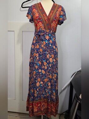 Zesica - Floral V-Neck True Wrap Maxi Dress in Red Blue and Orange